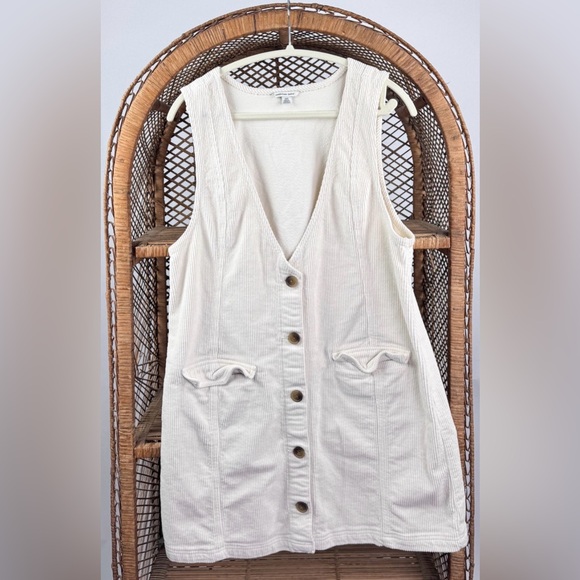 American Eagle Corduroy Mini Dress White Cream Button Front Sleeveless Size L - Picture 2 of 4